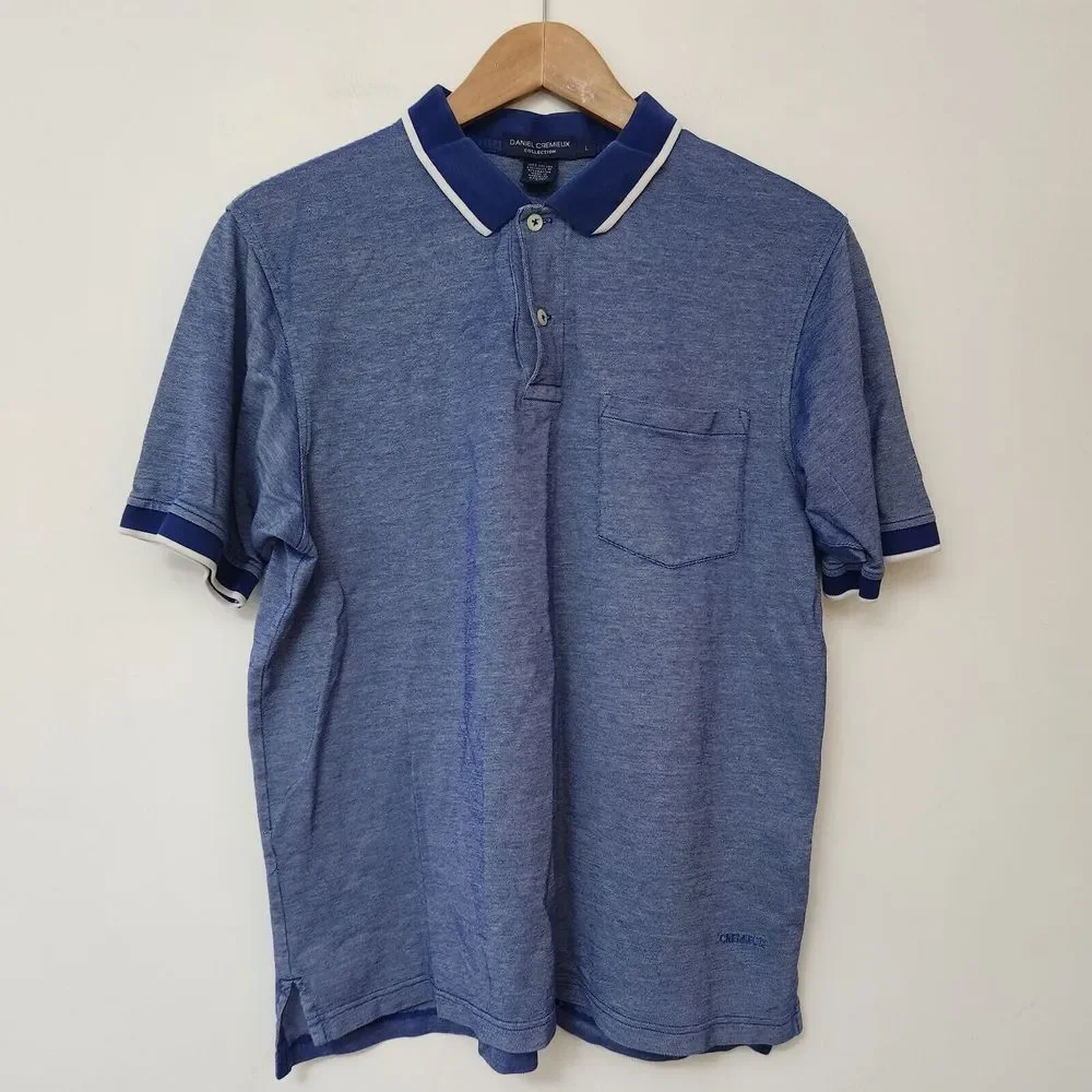 DANIEL CREMIEUX Men's Blue Short Sleeve 100% Cotton Polo Shirt Size L
